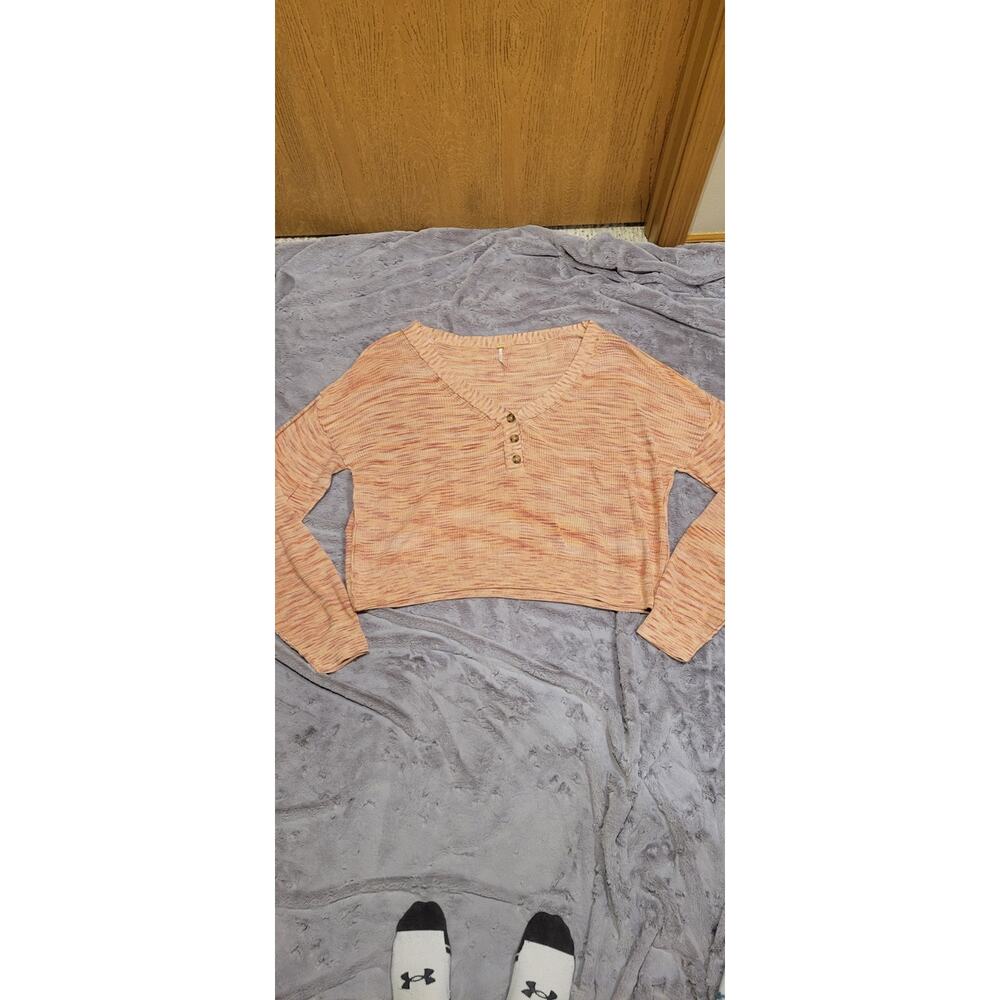 Free People Cropped Henley Knit Top XL Peach Thermal Long Sleeve Boho